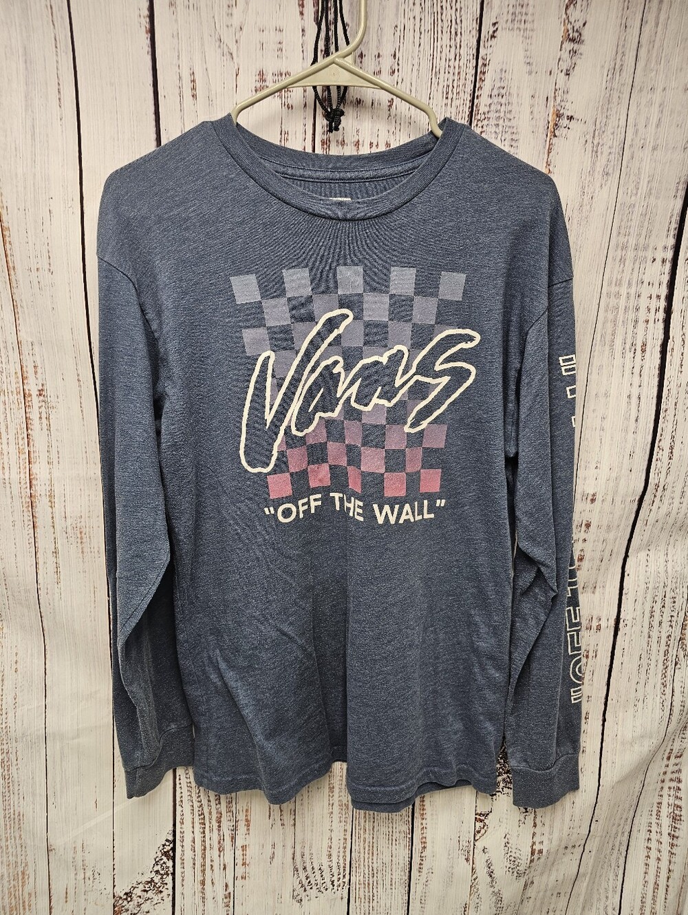 Vans Off The Wall Blue Checkerboard Script Logo Long Sleeve T-Shirt Men's Size M